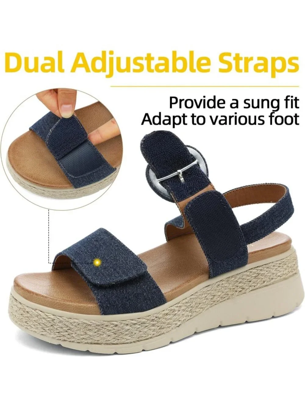 Women's Navy Denim Comfortable Espadrille Low Wedge Heel Platform Sandal Shoes